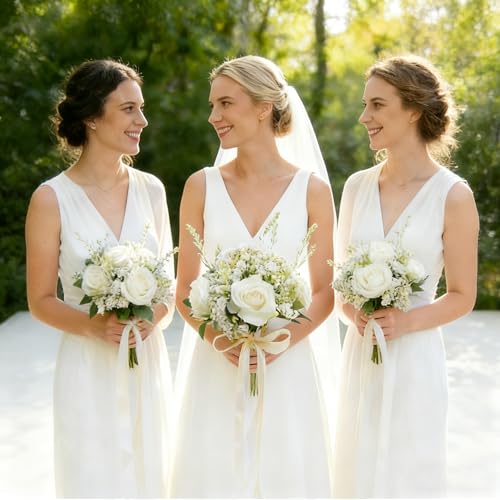 Artificial Bridesmaid Bouquets Set of 6 - Ivory White 9 Inch Various Flower Bouquet for Wedding Party Ceremony Dinning Table Centerpieces Decor Faux (Rose & Babys Breath & Ribbon) - color: Rose