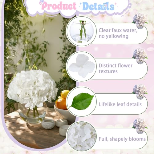 White Artificial Hydrangea Flowers in Glass Vase with Faux Water, 3 Stems Lifelike Fake Floral Arrangement, UV-Resistant Odorless Centerpieces for Dining Table Home Office Decor (7.9") - color: White