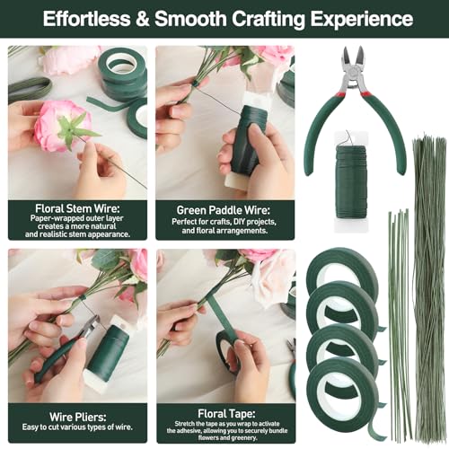 Floroom Floral Tape and Wire Kit with Cutter, 26 & 18 Gauge Stem Wire, 22 Gauge Paddle Wire, Flower Arrangement Tool Set for DIY Crafts, Wedding Bouquets, Florist Making & Supplies, Green
