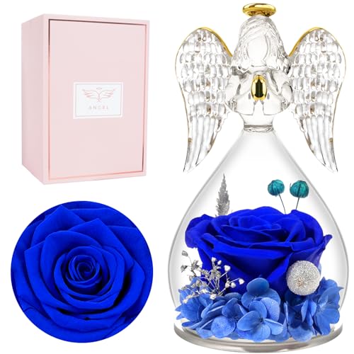 Miofula Gifts for Mom Birthday Gifts for Women, Preserved Flowers Rose in Glass Angel Figurines, Fresh Flowers for Delivery Anniversary Forever Real Roses Gifts for Mothers Grandma Her Wife Girlfriend - color: Blue