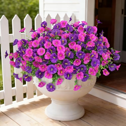Artificial Flowers for Outdoors, 16 Bundles Mix Color Silk Faux Flowers Morning Glory UV Resistant Eucalyptus Plants Fake Petunias Plants for Porch Garden Planters Window Box Outside Indoor Decor - color: Purple Light Fuchsia