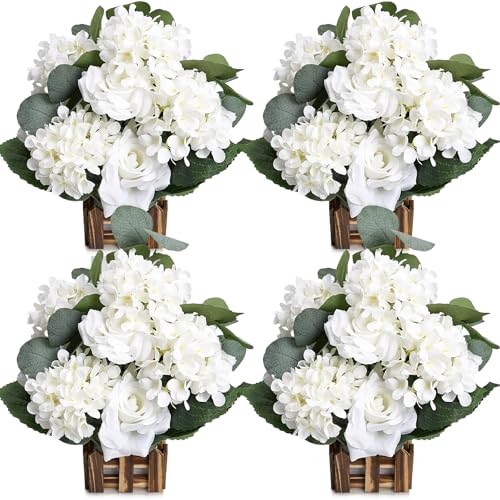 11.8’’ Tall Free Standing Artificial Flowers, 4Pcs Artificial Flowers Arrangement with Basket, Spring Fake Rose Hydrangea Decorations for Wedding Archway Aisle Welcome Entrance Table (White) - color: White