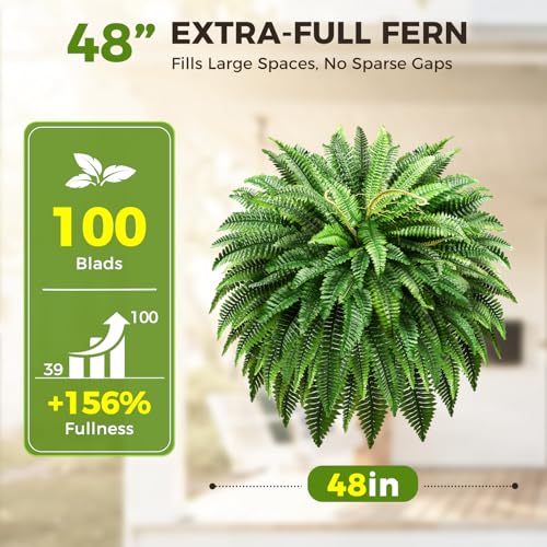 Suntee 48" Large Artificial Ferns 2 Pack, Realistic Fake Boston Fern Plant with 100 Bendable Fronds, UV Resistant Zero Maintenance Faux Bush for Outdoors Garden Patio Porch Living Room Home Decor