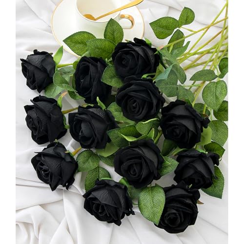 Hawesome 12PCS Artificial Flowers Fake Roses, Realistic Velvet Long Stem Red Roses Bouquet for Wedding Centerpiece Home Decor Party & Valentines (Black) - color: Black