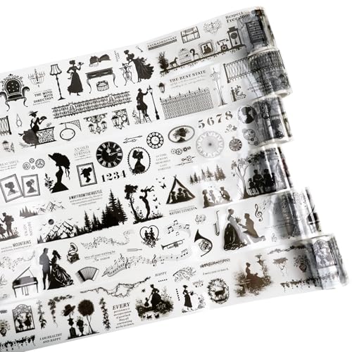 Vintage Silhouette PET Tape Set with Clip, Pre-Cut Shadow Collage Rolls for Scrapbook Journal Planner Water Bottle Phone Case Notebook Décor - color: Shimmer Silhouette