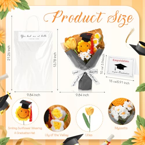 2026 Graduation Crochet Flowers Bouquet Gifts Class of 2026 Graduation Gift for Her Sunflower Mortarboard with Greeting Cards Bag Handmade Knitted Artificial Flowers for Grad(Grey) - color: Grey