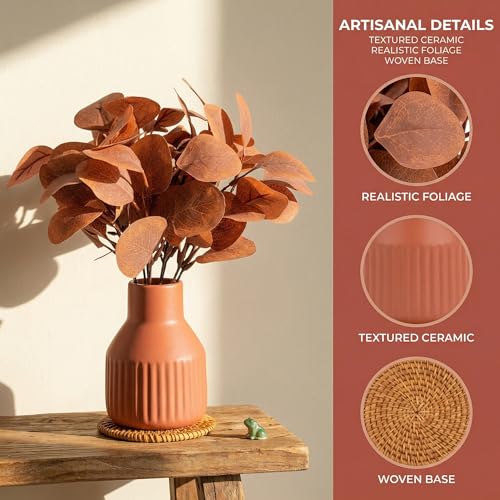 Artificial Eucalyptus Greenery Stems in Ceramic Vase 10Pcs Fake Plants Eucalyptus Leaves for Centerpiece Table Decorations Home Room Decor Office Desk Decor Small Fall Plant Decor - color: Orange