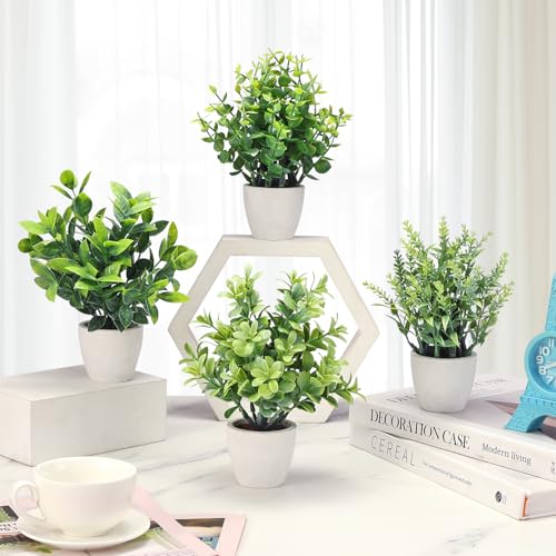 FAVOWREATH 4 Pack Fake Plants Ceramic Mini Artificial Greenery Potted Plants for Home Decor Office Decor Room Decor Farmhouse Decor Indoor Table Bathroom Decor - color: White