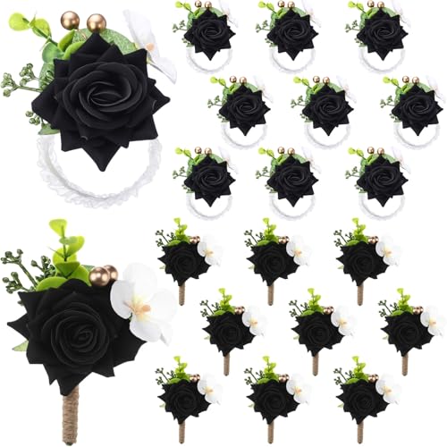 Sherr 20 Pcs Black Rose Wrist Corsage and Boutonnier Set Wedding Flower Corsage Wristlet Band Bracelet Bridegroom Men's Boutonniere Wristlet Hand Flower for Wedding Bouquets Supplies - color: Black