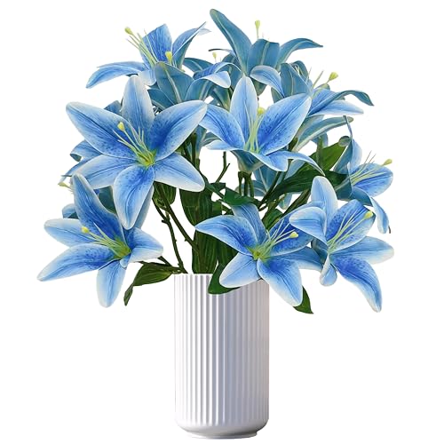 Blue Lily Artificial Flowers,6 Pcs Flowers,23 Inch Long Stem Tiger Lilies Branch with 3 Full Blooms and 4 Leaves, Latex Real Touch Lilium Flower for Wedding Bouquet - color: Blue