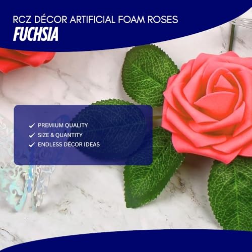 Artificial Fuchsia Foam Roses with Stems & Leaves - Pack of 50, Perfect for Wedding Centerpieces, Event Decor, DIY Bouquets, and More - color: Fuchsia