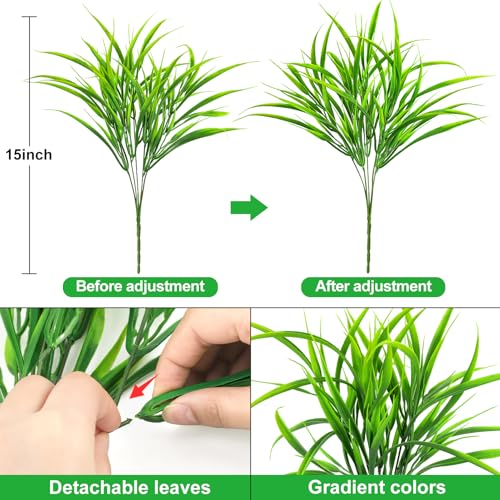 Ouddy Decor 16 Bundles Artificial Plants Outdoor Fake Grass Greenery Stems UV Resistant Faux Plastic Shrubs for Spring Summer Garden Pathway Window Box Front Porch Home Decor, Green - color: Green