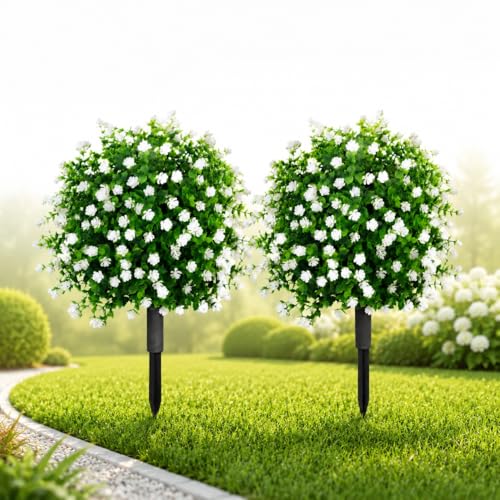 2Pack Artificial Topiary Ball Tree Outdoor with Spike,Spring Faux Boxwood Topiary Fake Bushes Shrubs White Realistic,15.8" D UV Resistant Artificial Greenery Plants for Outdoor Planter Garden Porch - color: White