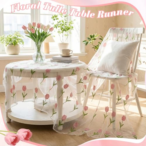 Mindsoft 3 Pcs Pink Floral Tulip Table Runner 10ft Gauze Embroidery Tulip Sheer Floral Tulle Easter Lace Table Runner for Wedding Bridal Baby Shower Holiday Dining Decor DIY - style: Tulip