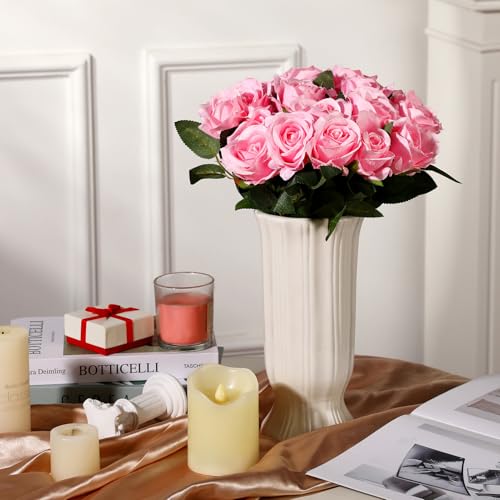 24 Pcs Pink Rose Artificial Flowers with Long Stem Real Touch Silk Plastic Bouquet Pink Roses Bulk for Wedding Party Table Centerpieces Festival Decorations - color: Pink