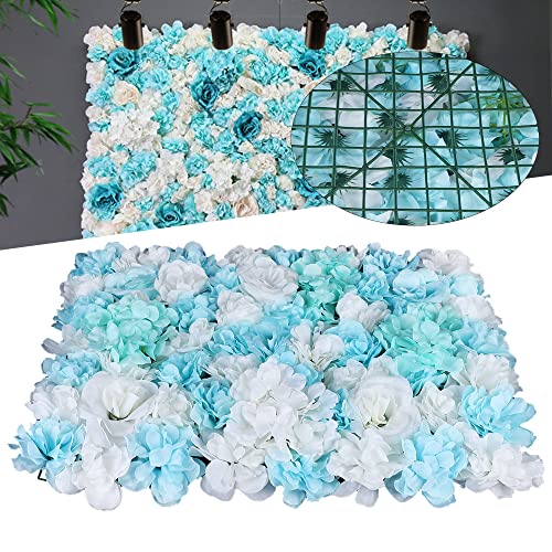 DNYSYSJ Flower Wall 12PCS 23.62" x 15.75" x 0.79" Blue & White Hydrangea Artificial Rose Flowers Panel Silk Fabric Wall Mat Floral Backdrop with Stand Blue 2D for Garden Patio Wedding Stage Decor - color: Blue and White, size: 12 pieces