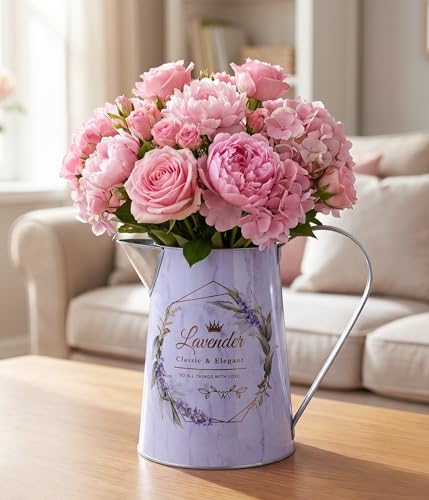 Yoillione White Metal Flower Vase with Lavender Floral Pattern, French Country Jug Pitcher Vase with Handle for Farmhouse Home Decor, Gifts for Women Girls - color: Lavender, size: Small