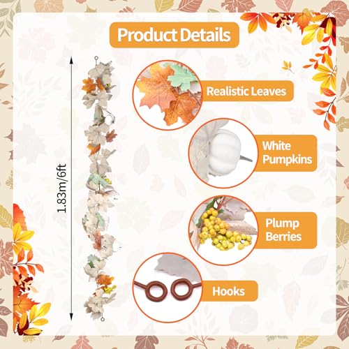 Fall Garland with Pumpkins and Berries – 6ft Artificial Maple Leaf Garland with Cream and Orange Leaves for Thanksgiving, Fireplace, Front Door, Farmhouse Autumn Decorations - color: Orange