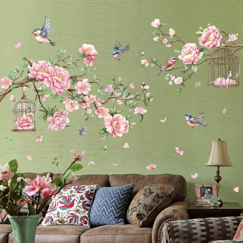 Removable Large Flowers with Tree Branches Wall Stickers – DIY Peony Floral Birds Wall Decals, Peel and Stick Leaves & Birdcage Wall Decor for Kids Girls Bedroom, Nursery, Living Room, Classroom