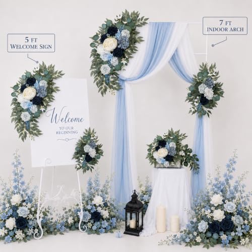 AitnWoy Artificial Wedding Arch Flowers Kit 2 PCS Dust Rose Flowers Silk Peony Floral Swag Welcome Sign for Wedding Ceremony Party Home Garland Decor - color: Blue, size: 2.4*13*14