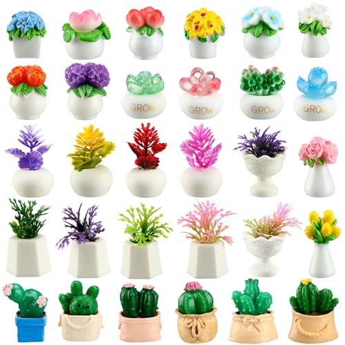 Threehoney 30 Pcs Miniature Dollhouse Plants Accessories Mini Artificial Potted Flower Tiny Resin Greenery Cactus Figurines for Doll House Gift DIY Garden Bonsai Micro Landscape Decoration(Succulents) - style: Succulents