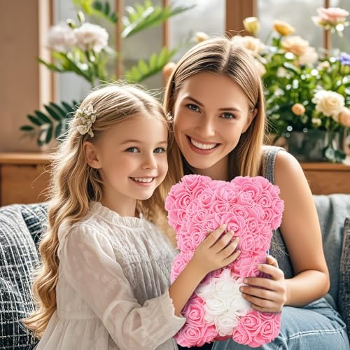 DuHouse 10 inch Rose Bear Artificial Plant for Anniversary, Birthdays, Bridal Showers - Fully Handmade, Unique Gift Box(Pink White Heart) - color: Pink White Heart
