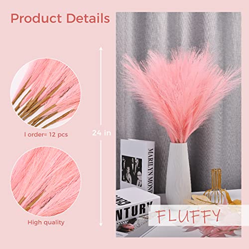 U-LIAN 12PCS Faux Pampas Grass 24 Inch, Small Artificial Pampas Grass Decor for Vase, Fake Fluffy Floral, Artificial Dried Flowers, Dry Plant Home Wedding Boho Decor(Pink) - color: Pink, size: 24"-12 PCS