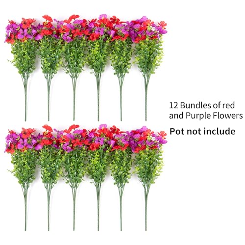 Artificial Fake Flowers Plants for Outdoor Spring Decor, 12 Bundles Faux Silk Flowers for Outdoor Outside Planter Colorful Daisy UV Resistant Look Real for Front Door Porch Patio Yard(Red Purple) - color: Red Purple