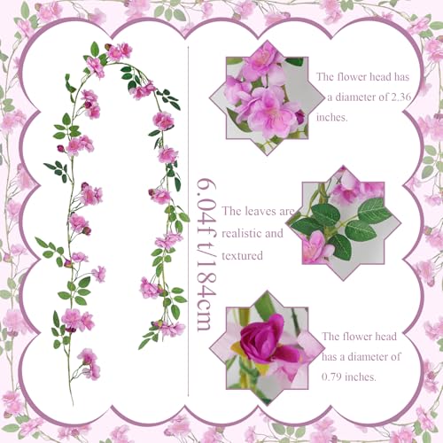 2 Pcs Artificial Flowers Garland for Outdoors Pink Faux Gardenia Garland 12Ft Silk Rose Hanging Vines Floral for Wedding Arch Party Wall Garden Ceremony Backdrop Fence Spring Decor - color: Pink