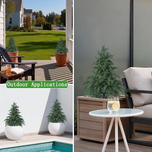 Yangrass 2 Pack 24" Cypress Topiary Trees Artificial Outdoor with Ground Spike, UV Resistant Fake Shrubs Bushes Faux Cedar Pines Trees, Real Touch Faux Evergreen Plants for Home Front Porch Garden - color: Cypress