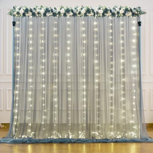 Silver Grey Tulle Backdrop Curtain with Lights String for Parites 10x8ft Sheer Backdrop Curtains for Birthday Party Bridal Shower Baby Shower Wedding Ceremony Prom Photo Booth Background Decorations - color: Silver Grey, size: 10 ft X 8 ft(2 Panels 5ft X