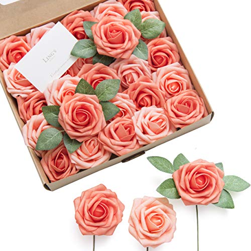 Ling's moment Artificial Flowers 25Pcs Deep Coral Roses Decor w/Stems,3" Real Touch DIY Foam Floral for Wedding Bouquet/Centerpieces, Outdoors Party Backdrop, Room/Table, and Garden/Pot Decorations - color: Pk- Coral & Peach Pearl, size: 25Pcs
