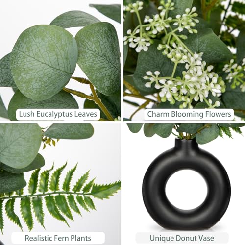 Artificial Eucalyptus Stems in Ceramic Vase 14.23" Fake Eucalyptus Plant Decor Black Donut Vase with Greenery Centerpiece Table Decorations Small Faux Green Plant for Home Farmhouse Wedding Table - color: Black