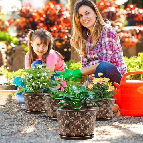 12 Inch Planter Pots for Plants, Plastic Large Flower Pots Indoor Outdoor, 4 Pack Resin Plant Pot with Drainage & Saucer, Retro Decorative Garden Pot with Removable Trays for House - color: 12 Inch