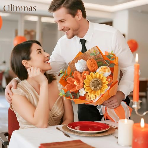 Crochet Flower Bouquet,Orange Knitted Flowers, Handmade Sunflowers Tulips Roses Bouquet for Valentine Day Birthday Anniversary Party Mother's Day Graduation Gifts(with Card) - color: Orange