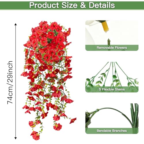 Artificial Flowers for Outdoors Fake Morning Glory Hanging Flower Decoration, 2 Pcs Realistic Faux Plants Petunias Trailing Vines, Spring Summer Decor for Porch Patio Balcony Planter Yard(Red) - color: Red, size: 2 Pcs