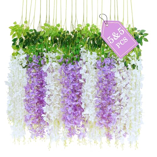 BLEUM CADE 10Pcs White & Purple Fake Wisteria Hanging Flowers, 3.6Ft/Pcs Artificial Wisteria Garland, Hanging Flowers for Wedding Party Home Backdrop Wall Decoration - color: White & Purple, size: 10pcs