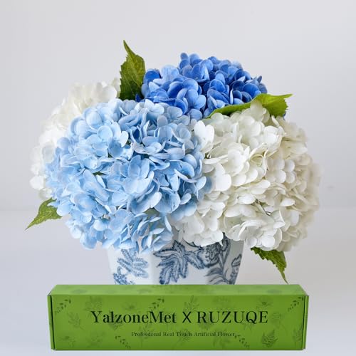 YalzoneMet 4 Pcs Real Touch Hydrangea Artificial Flower Natural Lifelike 21'' Long Stem Latex Hydrangea Flower Gift for Home Party Outdoor Wedding Table Centerpiece Decor 2 White +1 Blue +1 Light Blue - color: White Light/Dark Blue