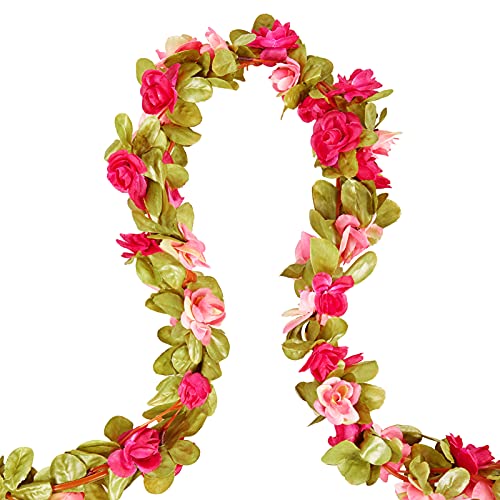 PONKING 8 Pcs x 8.2 ft Flower Garland Artificial Rose Vine Flowers with Green Leaves Hanging Fake Roses Vine for Room Party Home Wedding Birthday Christmas Wall Arch Decor, Fall Purple Flower - color: Fall-purple-8pcs, size: 8 Vines 66FT