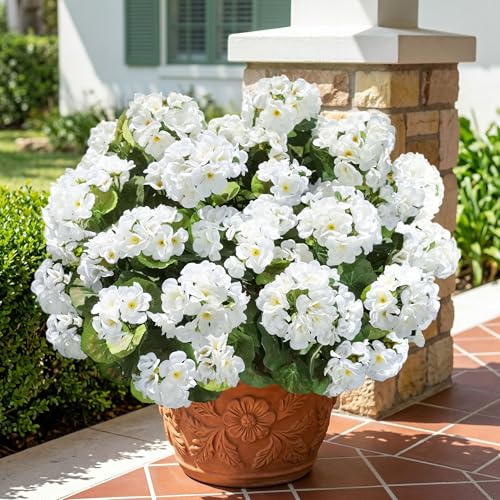 Fake Geraniums Artificial Flowers for Outdoors Outside, 6 Bundles White Silk Geraniums Fake Flowers Plants Realistic UV Resistant Faux Flowers for Outdoor Planters Garden Balcony Yard Porch Indoor - color: White