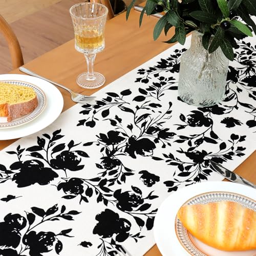 Betylifoy Black Rose Floral Table Runner Black and White Table Runners Farmhouse Coffee Table Runners Kitchen Dining Table Summer Decoration for Home Party Decor 13 x 72 Inch - color: Black Rose, size: 13x71inch