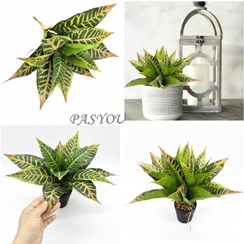 PASYOU Artificial Aglaonema Plant, Fake Codiaeum Variegatum Plants 2 Pack, Faux Magnolia Plastic Evergreen Shrubs, UV Resistant Greenery, Indoor Outdoor Decor Home Garden Decorations - Striped Leaves - color: Aglaonema - Codiaeum Variegatum 2 Pack