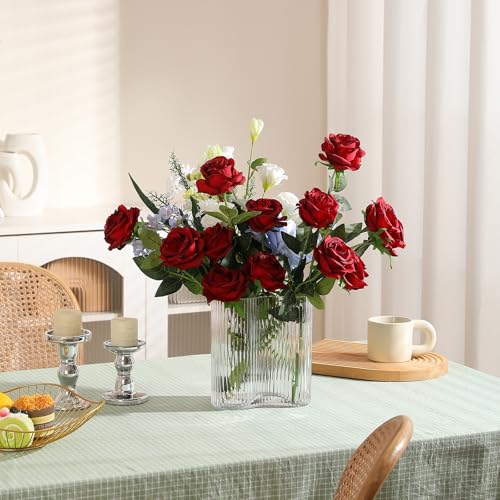 Burgundy Fake Roses Artificial Flowers - 10 Pcs Fake Artificial Roses Silk Flowers with Stems for Home Wedding Hotel Office Centerpiece Decor（Burgundy） - color: Burgundy, size: 10 Pcs
