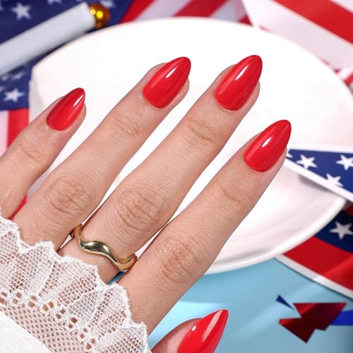 32Pcs Soft Gel Press on Nails for Women, Bright Red, Short Almond | Solid Color Glossy False Fake Nails Press Ons for Office Daily Wear, Salon Quality Reusable Glue & Stick on Nail Gift Kit - color: 3G-Bright Red