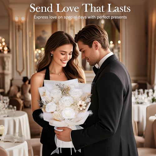 Preserved Bouquet of Flowers - 5 Roses & Flowers for Delivery, Real White Forever Flower, Eternal Roses Bouquet, Mothers Day Gifts for Mom Grandma Wife, Anniversary Birthday Gifts for Women - color: White