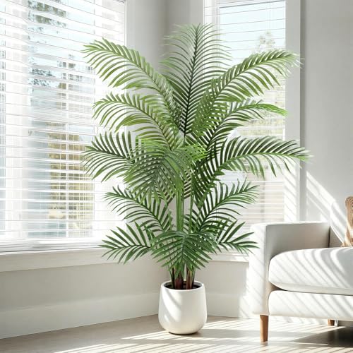 5ft Artificial Palm Tree Tall Faux Palm Tree Indoor Large Fake Plants with 15 Trunks Artificial Plants with White Pot Lifelike Leaves for Home Office Decor Living Rooms Bedrooms - color: Palm Tree 5ft