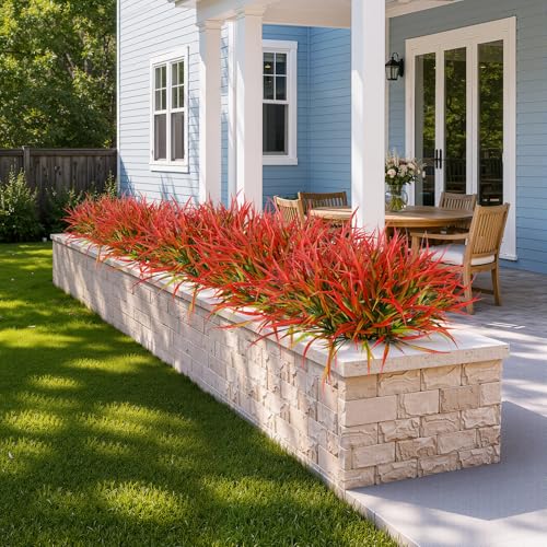 Uieke 12 Bundles Artificial Outdoor Plants UV Resistant Fake Grass Plants Faux Plastic Plants Greenery Shrubs for Home Garden Pathway Window Box Front Porch Cemetery Fall Decor, Autumn Red - color: Red, size: 12