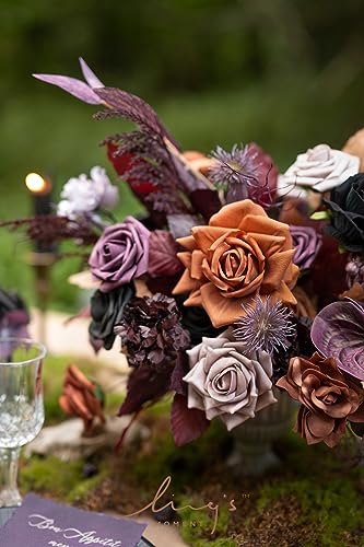 Ling's moment Fake Flowers Box, Faux Artificial Greenery Stems Foam Roses Gardenia Anthurium Silk Willow Eucalyptus Fabic Flower for Centerpieces Bouquet Vase, Black & Orange & Purple, Deluxe Combo - color: Blk-black & Orange & Purple, size: Deluxe