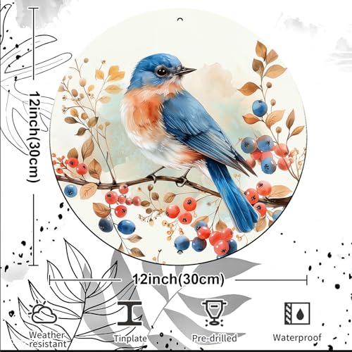 Vintage Blue Bird Watercolor Round Metal Sign Bird Sign Farmhouse Rustic Wreath Wall Decoration for Indoor Outdoor Home Porch Window Decor 12 Inch - color: Thanksgiving 3, size: 12 inches