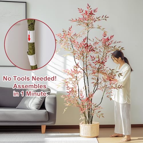 7.2ft Faux Bamboo Tree Artificial Nandina Tree Artificial Indoor Plants Realistic Fake Potted Tree with 800+ Leaves, Cement Planter - Home Office Decor Perfect for Housewarming Gift Non-Toxic - color: Red, size: 7ft 2in